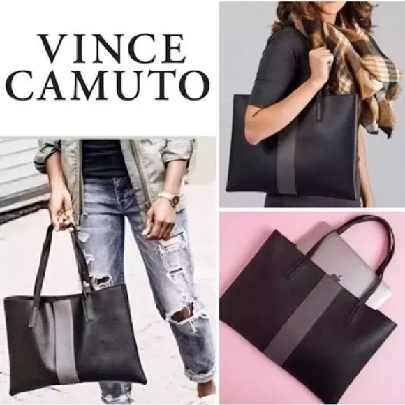 Vince Camuto Handbags - NEW VINCE CAMUTO  Black & Gray Tote Bag LUX VEGAN LEATHER 17 x 12 with Dust Bag